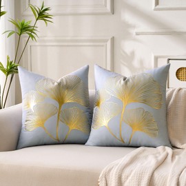 BONSTRAP Gold Ginkgo Couch Throw Pillow Covers Farmhouse Decorative Cushion Covers 18 x 18 Leaf Pattern Gray Accent Pillowcase Set of 2 for Living Room Modern Home Decor Bedroom Sofa Bed