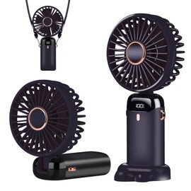 Mini Handheld Fan - 4000mAh Type-C Rechargeable, 5 Speed Adjustable, 90° Foldable & 3-in-1 (Handheld/Neck/Desk) - Digital Display, Portable Small Fan for Women, Makeup, Travel, Office (Dark Blue)