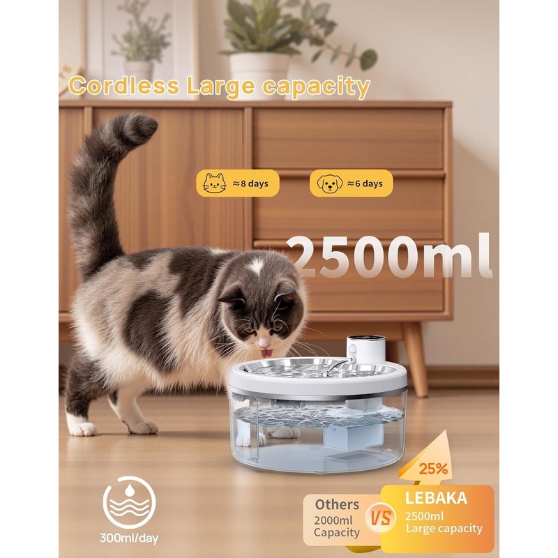 Wireless Cat Water Fountain [with Stainless Steel Tray], 84oz/2.5L Pet