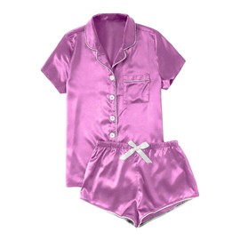 Celucke Women's Silk Satin Pajama Set, Comfortable Sleepwear Soft Short Sleeve Button Up Top with Shorts for Nightwear, Satin Pyjamas For Women, Pj Shorts Set, Ladies Comfort Lounge Wear Light Purple