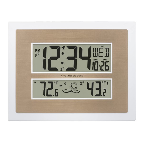 La Crosse Technology 512-14937-INT Atomic Digital Wall Clock with Temperature & Forecast in White/Champagne