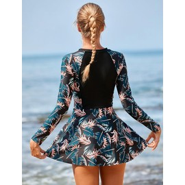 Women Long Sleeve Swimdress with Shorts 2-Piece Rash Guard Set UPF 50+ Sun Protection Zip Up Surf Swimsuit with Tropical Leaf Print Modest 2PCS Bathing Suit with Bottoms Yellow XL