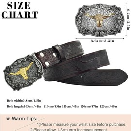 PACDE Western Cowboy Cow Head Flower Embossed Leather Men Belt Fashion Cow Head Buckle Jeans Causal Pants Men Belt(Coffee,for36-37" waist size)