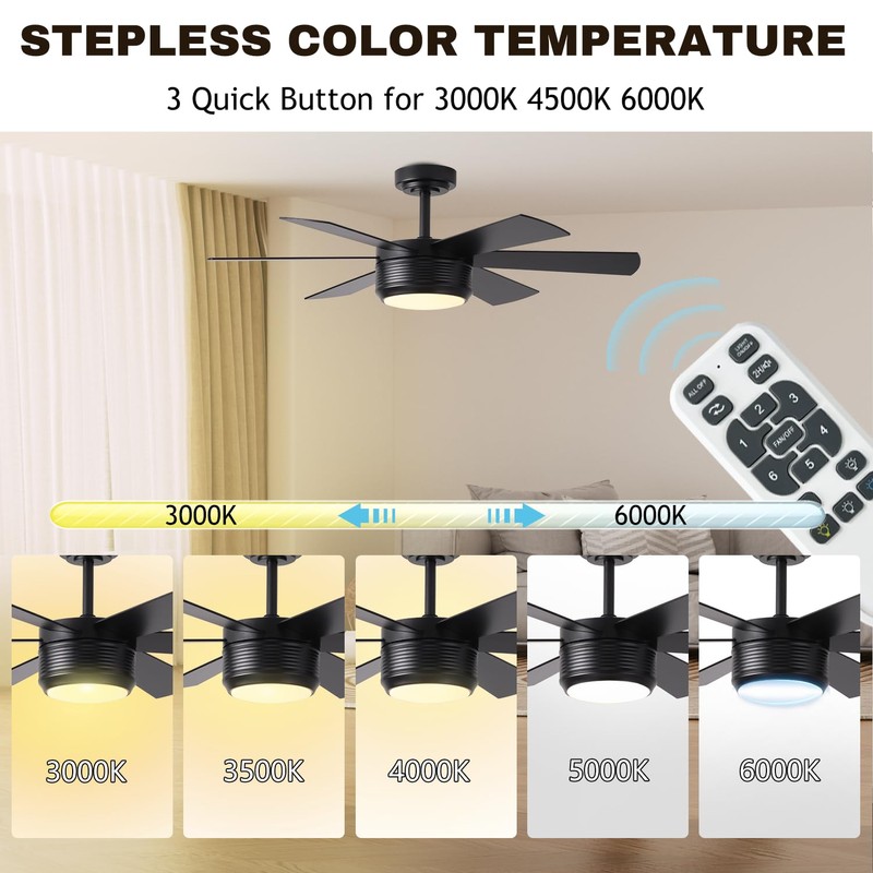 SHOWDI 42 Inch Ceiling Fan with Lights and Remote, 6