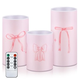 Tujoe 3 Pcs Coquette Pink Bow Flameless Candles LED Battery Pillar Candles Set Battery Operated Flickering Gifts with Remote Pink Bow Decor for Holiday