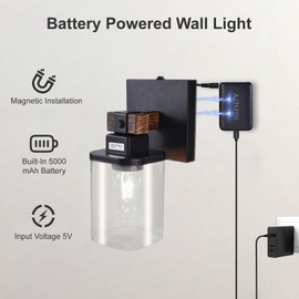 Floresita Battery Operated Wall Sconce 2-Pack Farmhouse Rechargeable Wall Lamp Set of Two No Wired Required, Easy Install Cordless for Bedroom Bathroom Livingroom