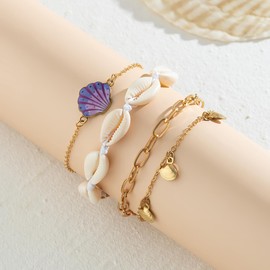 Asphinien Bohemian Beaded Anklets Set Multilayered Shell Starfish Conch Turtle Pendant Anklet Summer Beach Foot Chain Jewelry for Women (Purple shell)