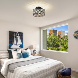 BZVESR Black Crystal Ceiling Light Fixture,Modern Semi Flush Mount Ceiling Lighting Fixture,Round Small Chandelier for Dining Room, Hallway, Entryway, Kitchen, Bedroom,1 Light,11 inch