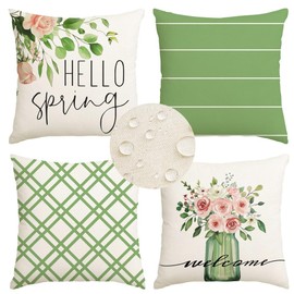 RABUSOFA Spring Pillow Covers 20x20 Inch Set of 4 Outdoor Waterproof Spring Decorations for Home,Green Farmhouse Decor Throw Decorative Pillows for Couch Patio