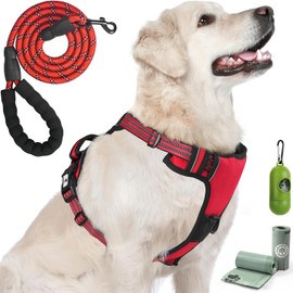 kazazoo Dog Harness, No-Pull Pet Breathable Harness, Adjustable Soft Padded Dog Vest with 2 Leash Clips, Reflective No-Choke Pet, Easy Control Handle for Large Dogs, Red, S