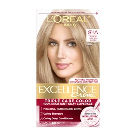 L'Oreal Paris Excellence Crème Permanent Hair Dye, Triple Care Hair Color with Pro-Keratine Complex for 100% Gray Hair Coverage, 8.5A Medium Light Ash Blonde, 1 Kit