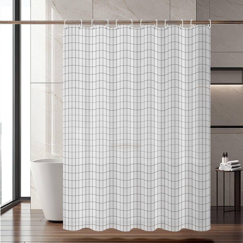 Checkered Shower Curtain - Black Line White Check Shower Curtain,