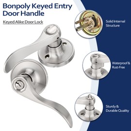 Bonpoly 2 Pack Silver Door Knobs, Interior Door Handle, Door Locks for Bedroom/Living Rooms, Keyed Alike Entry Door Handle, Satin Nickel Finish, Universal-Handed Door Lever, Unique Wave Design