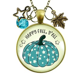 Happy Fall Y'All Necklace Teal Pumpkin Stars Autumn Fashion Costume Jewelry Message Card