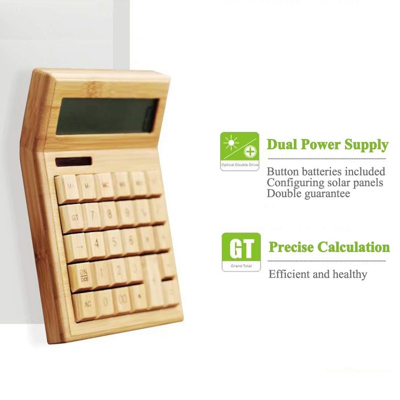 Omio Natural Bamboo Solar Multifunctional Wood Calculator - 12-Digit Large