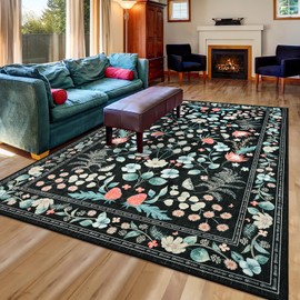 Przemy 5x7 Rugs for Living Room Bedroom, Washable Boho Area Rug Non Slip Floral Vintage Low Pile Carpet, Large Soft Indoor Floor Rug for Dining Room Office Kids Nursery Playroom Decor, Black