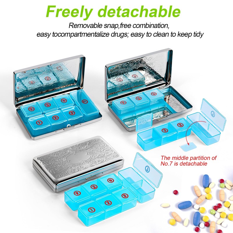 EYIDADAE Pill Organizer with 3 Compartments 7 Day Metal Pill