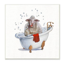 Stupell Industries Shaggy Sheep in Bubble Bath Playful Farm Animal, Designed by Donna Brooks Wall Plaque, 12 x 12, Red