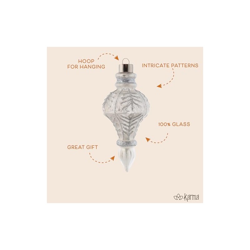 Karma, Christmas Hanging Ornament, Silver Glitter Leaf Scroll Glass Finial