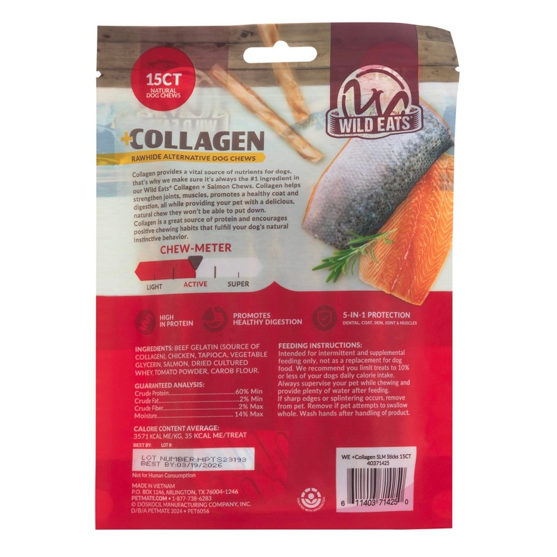 Wild Eats Real Salmon Collagen Sticks for Dogs, (15ct, 1cm