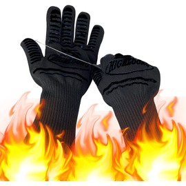 1472°F Extreme BBQ Gloves Grill Gloves Oven Safety Gloves, Cut Resistant BBQ Gloves with Non-Slip Silicone for Grilling, Frying, Baking, Fireplace, Cooking (2 pieces set) (Black Strips Long)
