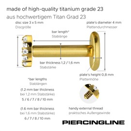 PIERCINGLINE Titanium Labret with Internal Thread | 3 Crystal Drops | Piercing Lip Nose Ear Helix | Choice of Colours and Sizes, Titanium