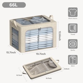 Clothes Storage Bins-Foldable Storage Organizer Bin with Metal Frame for Clothes Blanket Sweater Linen Fabric Storage Box with Opening Clear Window (Beige, 19.7"L x 15.7"W x 12.6"H(inch))