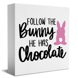 Farmhouse Spring Easter Bunny Wooden Box Sign Desk Decor Easter Decorations Rustic Decorative Wood Block Plaque Rabbit Decor for Home Table Bookcases Kitchen Countertop Wall Shelf Tiered Tray