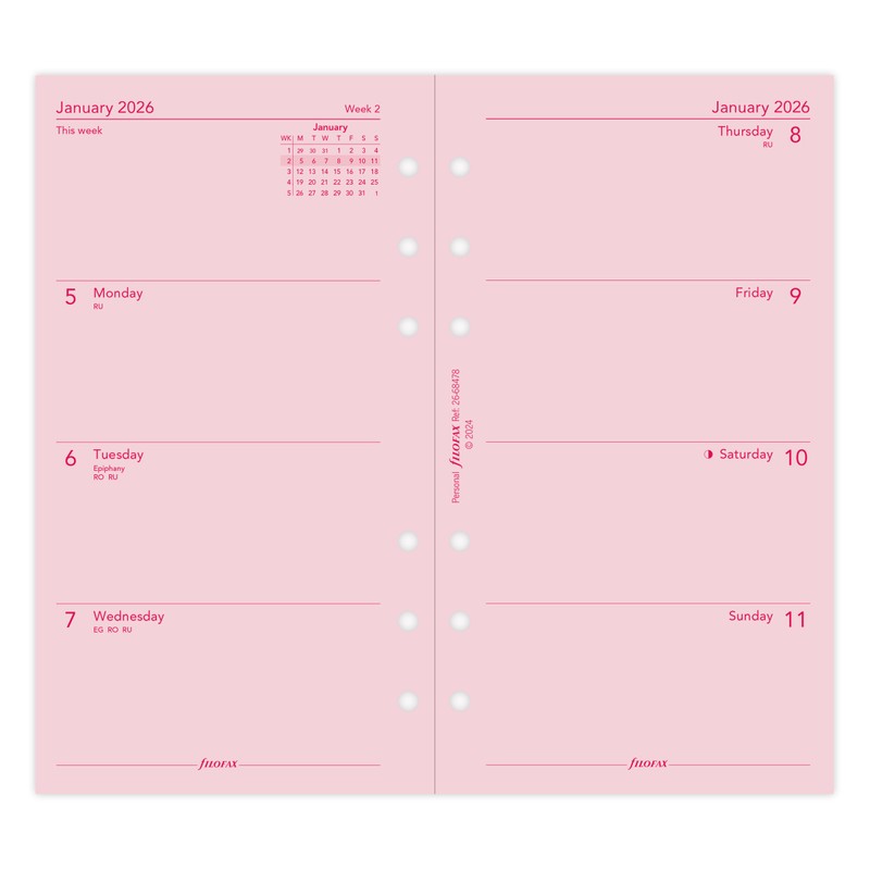 Filofax Personal week on two pages Pink English 2026 diary