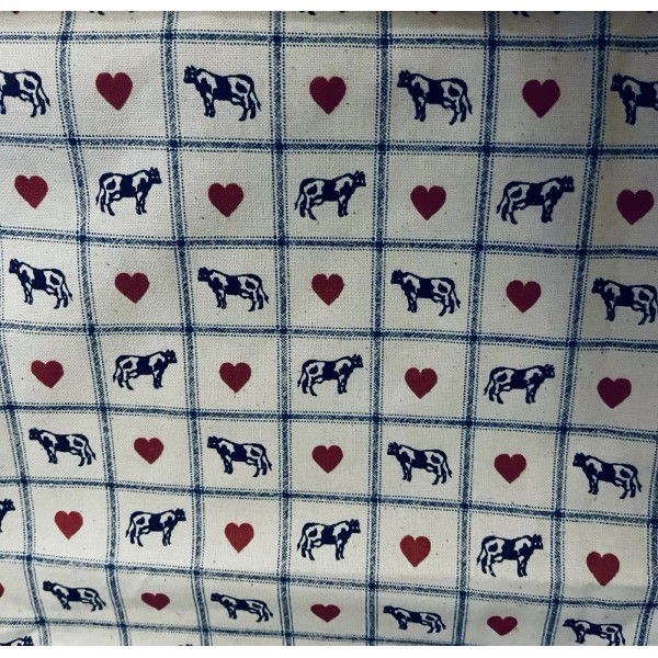 Concord Fabrics VTG Countrycore Cow & Red Hearts on Blue