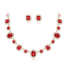 Flyonce Vintage Statement Jewelry Set for Women Costume, Rhinestone Crystal Red Rhinestone Choker Necklace Stud Earrings Sets for Wedding Party Prom Daily
