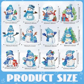 Gloryit Pack of 12 Snowman Diamond Painting Christmas Decoration, Christmas Day Keyring Snowman, Diamante Pendant on Both Sides Christmas Tree Festive Home Party Children