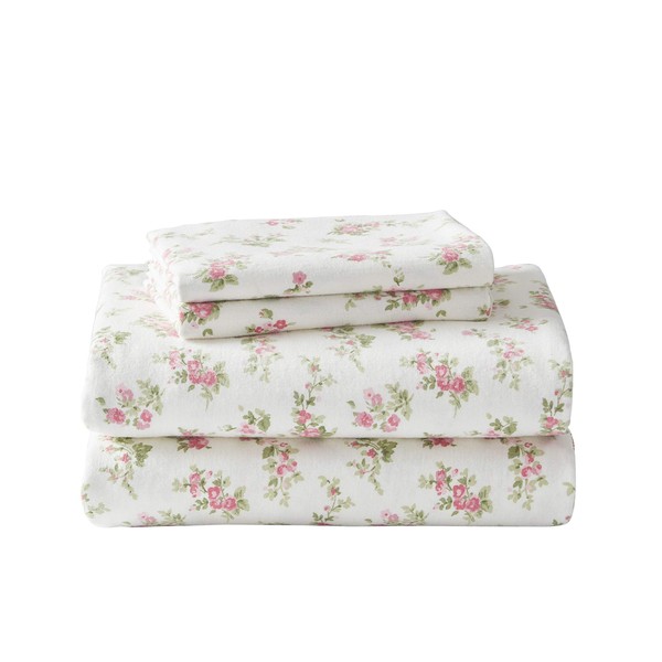 Laura Ashley Home | Flannel Collection Cotton Bedding Sheet Set, Pre-Shrunk & Brushed for Extra Softness, Comfort, and Cozy Feel, King, Audrey Pink