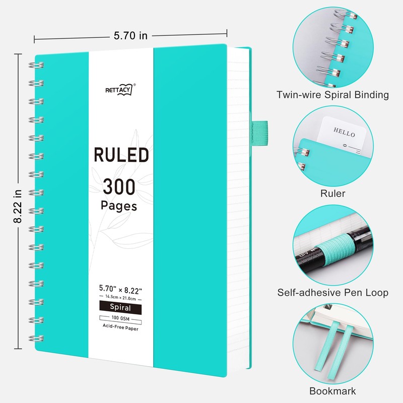 RETTACY Spiral College Ruled Notebook, 300 Pages, A5 Medium Size