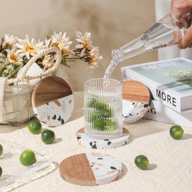 Drink Acacia Wood-Marble Coasters Set of 4,Cup Coaster for Coffee,Beverage,Cute Modern Cool Coasters for Home Decor,Table Desk Coaster Set for Housewarming,Living Room Decor (White-Wooden)