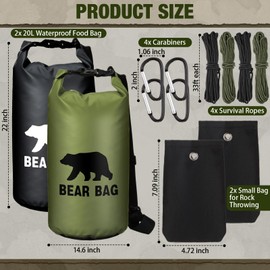Foilswirl 2 Sets Bear Food Bag for Camping Ultralight Food Bag Hanging System Includes 2 Pcs Waterproof Bear Bag Pulley System and 4 Pcs Nylon Ropes 4 Pcs Clips 2 Pcs Rock Pouch (Black, Green,20l)