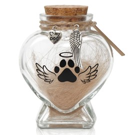 Pet Memorial Gift for Loss of Dog or Cat, Heart Shape Glass Jar & Bottle for Fur, Hair, Whiskers or Ashes Keepsake Urn with Cork Top, Charms for Cute Rainbow Bridge Memorial, Dog
