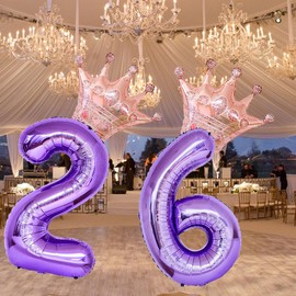 40 Inch Rose Gold Crown Number 26 Balloons, 26th Birthday Balloons for Men Women, Purple 26th Celebration Decor Happy 26th Birthday Party,26th Party Decoration Wedding Anniversary Events Supplies
