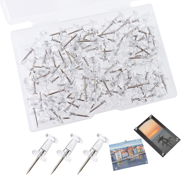 100 PCS Push Pins, Clear Plastic Head & Steel Point