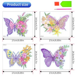 Set of 4 Butterfly Diamond Painting Sticker Set for Children, 5D Diamond Painting Sticker Kit, Flowers Diamond Painting Pictures, Children's Stickers, Boys Girls Beginners, Diamond Mosaic Picture Gift