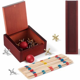 2-in-1 Classic Jacks Game and Pick up Sticks Game Set, Vintage Retro Family Games for Adults and Kid, Nostalgic Floor Games with Wooden Keepsake Box for Family Night, Birthday Gift, Party Favor