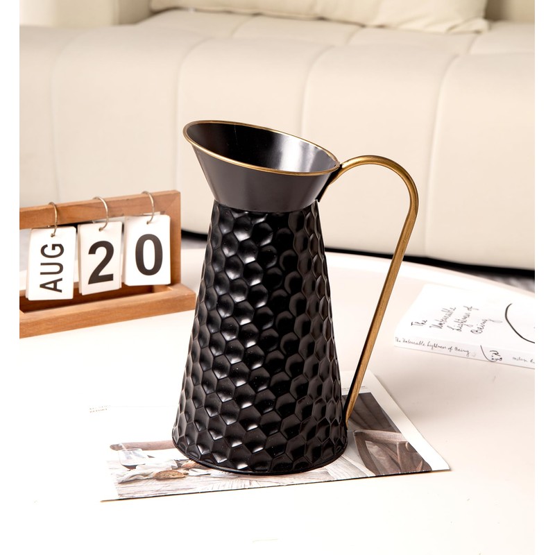 Elegant Black Metal Pitcher Vase, Farmhouse Galvanized Flower Vase, Rustic
