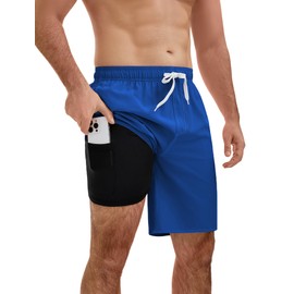 YnimioAOX Men’s Swim Trunks with Compression Liner 9 Inch Bathing Suits 2 in 1 Quick Dry Board Shorts with Pockets,Dark Blue,XXL