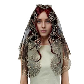 VELUTHERINE Chapel Veils Catholic Mass Mantilla - BlackGold Veil Spanish Pomegranate Flower Cross Triangle Embroidery Lace Triangle Veil Latin Mass Mantilla Scarf With Gift Box