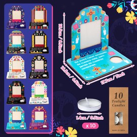 CJiangpo 10 Set Dia De Los Muertos Altar Picture Frames with Candles, Day of The Dead Altar Photo Frame Wooden Mini Sugar Skull Style Ofrenda Decorations Day of The Dead Memorial Remembrance Supplies