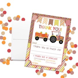 Fall Tractor with Pumpkins Birthday Thank You Notes for Girls, Ten 4" x 5.5" Fill in The Blank Cards with 10 White Envelopes by AmandaCreation