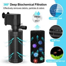 OQTTNEO Aquarium Internal Filter for 20-50 Gallons, Ultra-Quiet Fish Tank Filter Biochemical Filtration 320GPH Powerful Pump Submersible Aquarium Filter Tank Clear Air Supply (13W Filter)