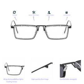 Retro Frame Square Bling Rhinestone Punk Sparkling Crystal Reading Glasses For Women Blue Light Blocking Readers (silver, 1.75, multiplier_x)