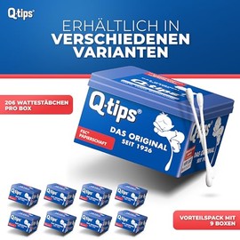 Q-tips Pflege-Wattest√§bchen mit Papierschaft, W√ºrfelbox, Vorteilspack (9x 206 St√ºck), 100% biologisch abbaubar, Baumwolle ohne Plastik, Reinigung der Ohren, Abschminken und Korrektur von Makeup