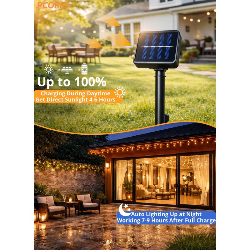 PCORES Solar Christmas Lights Outdoor, 26ft 100 LED Warm White